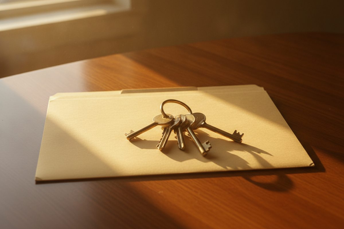 A set of house keys and a blank manila folder resting on an oak table in warm afternoon light