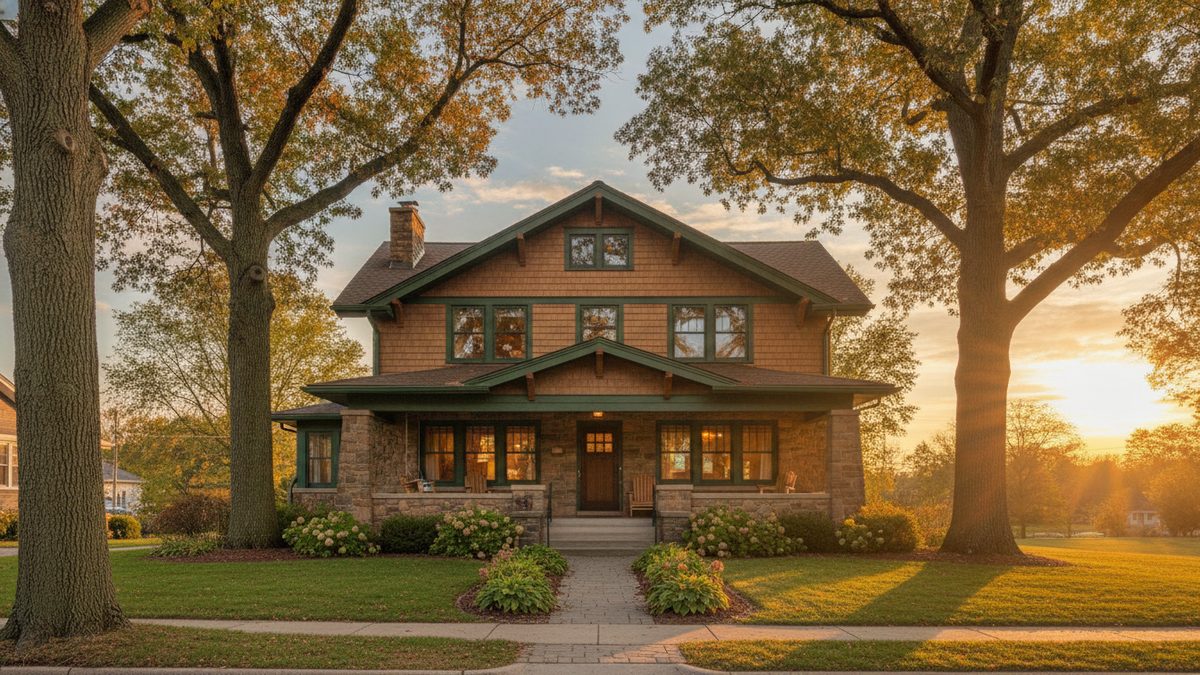 A craftsman-style Wisconsin family home with a front porch in warm morning light
