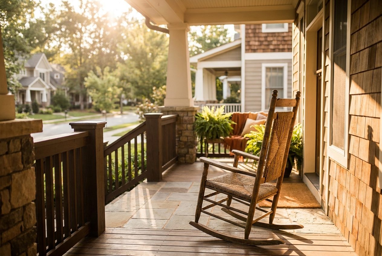 A craftsman home porch with warm morning light and an empty rocking chair