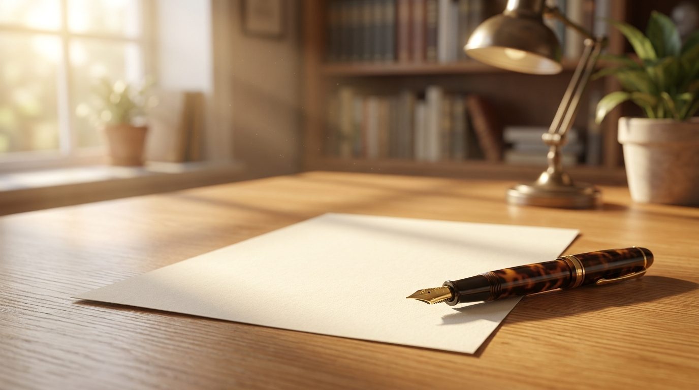 A blank legal document and pen on an oak desk in warm morning light