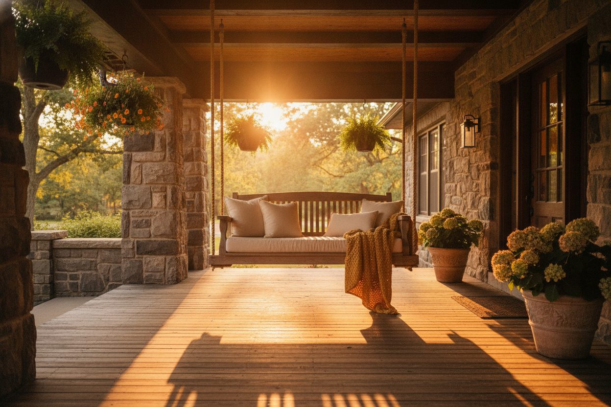 A craftsman-style Wisconsin home with a covered porch in warm afternoon light