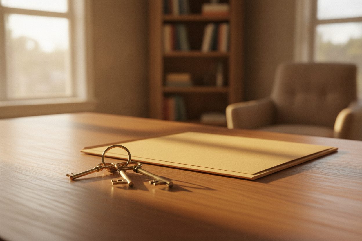 A set of house keys and a folder of blank documents on an oak desk in warm morning light