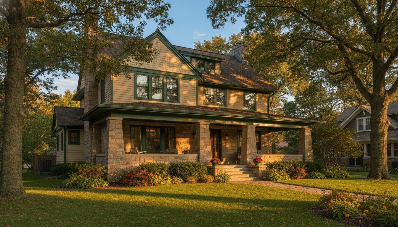 A craftsman-style Wisconsin home with a covered porch in warm afternoon light