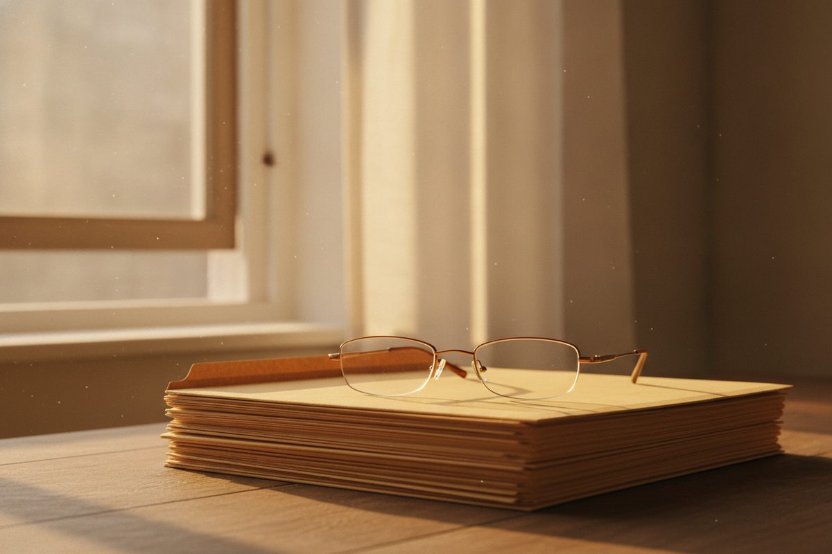 Reading glasses resting on a stack of folders near a window with warm light