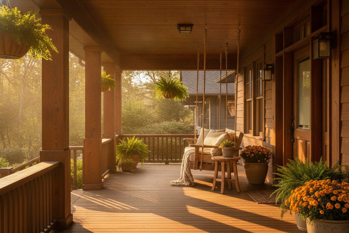 A craftsman-style Wisconsin home porch in warm golden-hour light