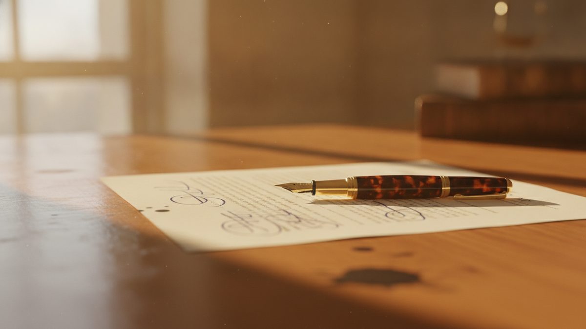 A fountain pen resting on a signed legal document on an oak desk in warm afternoon light