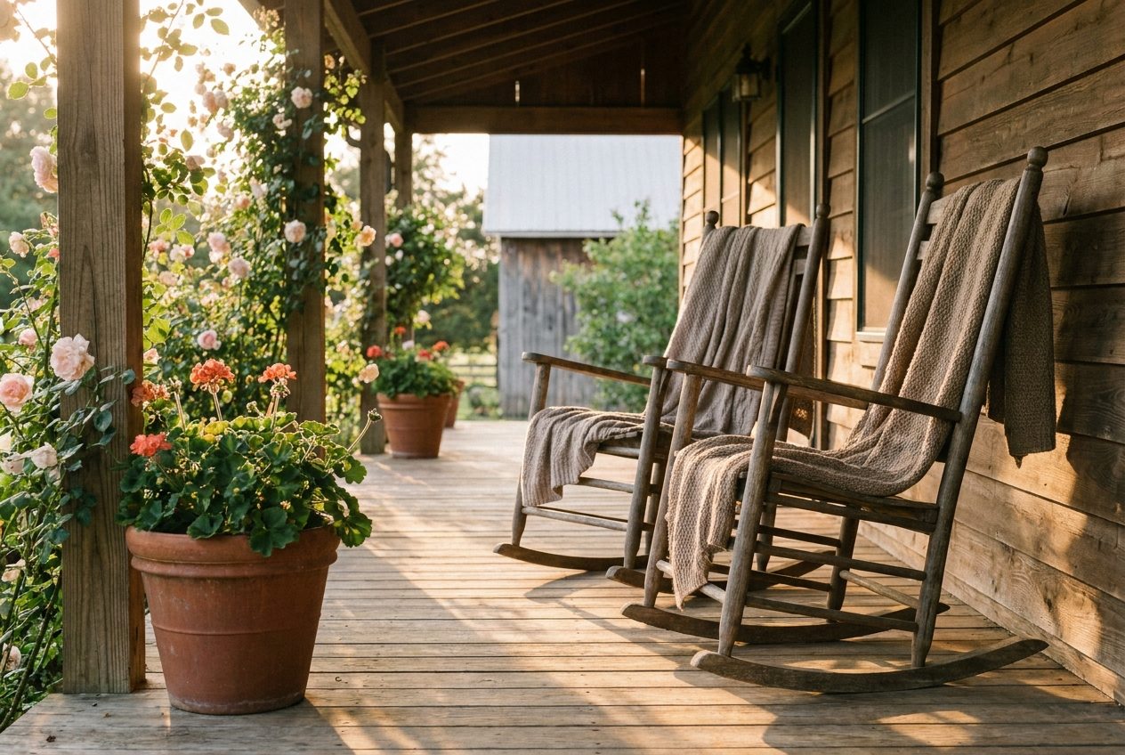 A farmhouse porch with two rocking chairs at dusk